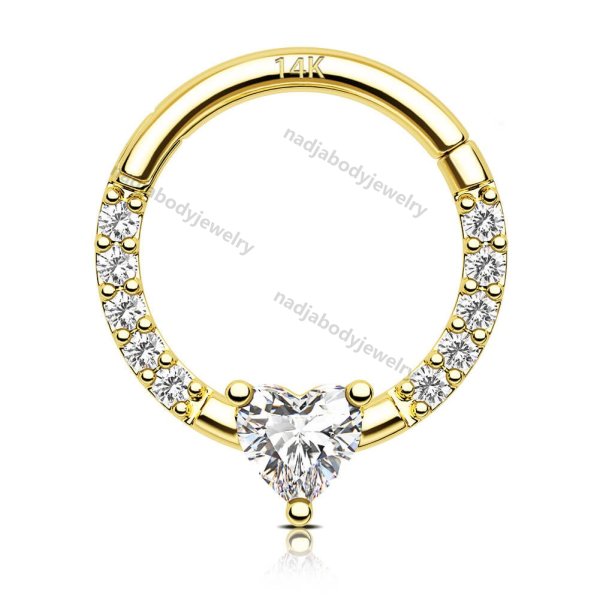14K Solid Gold 16G Clear Heart CZ Septum Ring
