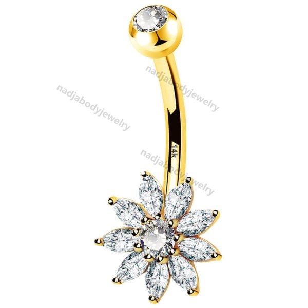 14K Gold Clear CZ Flower Belly Ring 14G Belly Button Ring