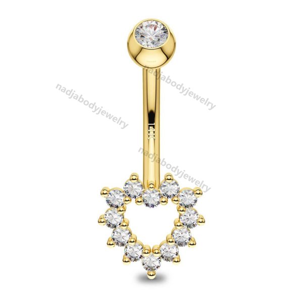 14K Gold Hollow Heart CZ Belly Button Ring 14G Navel Ring