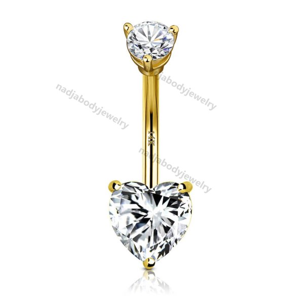 14K Gold Belly Ring Clear CZ Heart Belly Button Ring