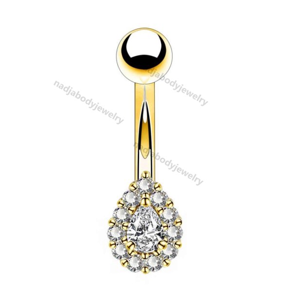 14K Gold Navel Ring 14G CZ Belly Ring 3/8'' Curved Barbell