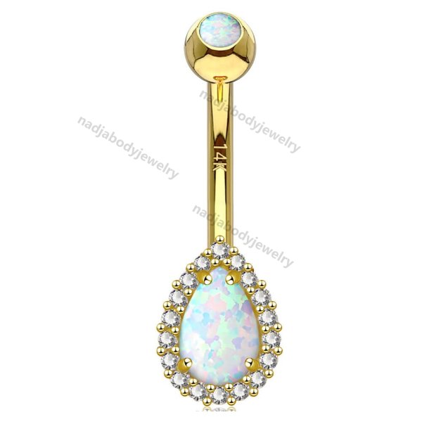 14K Gold Opal Belly Button Ring CZ Paved 14G Belly Ring