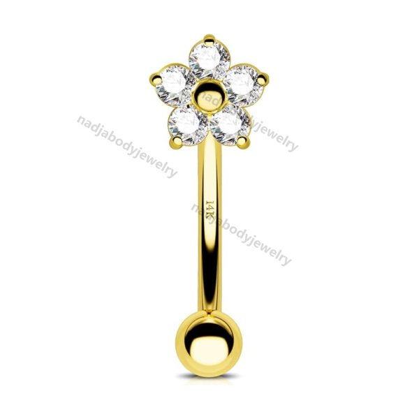 14K Gold Rook Piercing Jewelry 16g Eyebrow Flower Curved Barbell