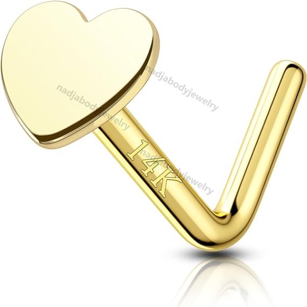 14K Gold 20G L Shape Heart Nose Stud