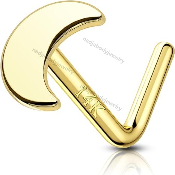 14K Gold 20G L Shape Moon Nose Stud