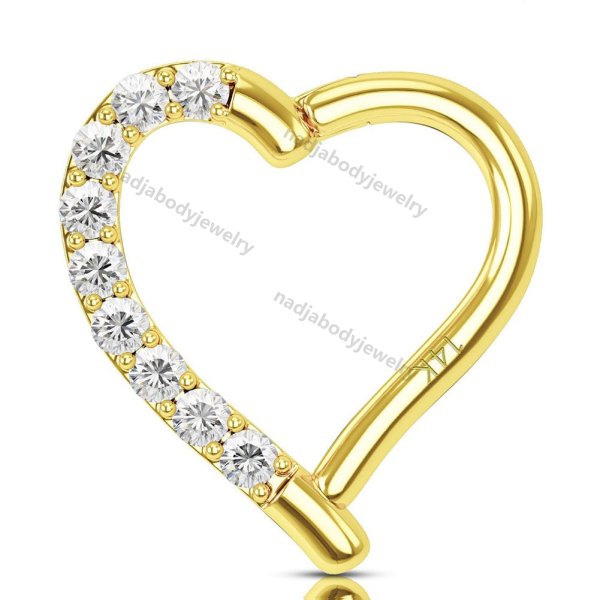 14K Gold 16G Heart Shaped CZ Daith Helix Earring-Right Ear