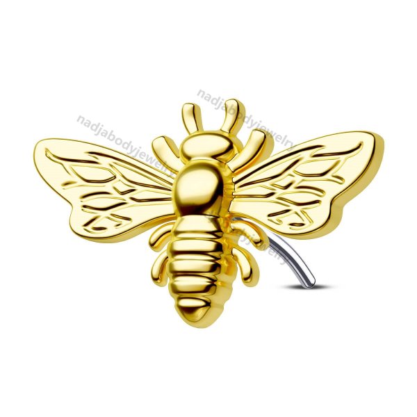 14K Solid Gold Threadless Flying Bee Push Pin Labret Nose Stud