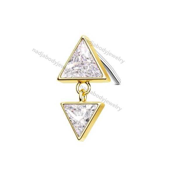 14K Solid Gold Up-Down Symmetrical Clear CZ Triangle Top Helix Earring Labret Stud