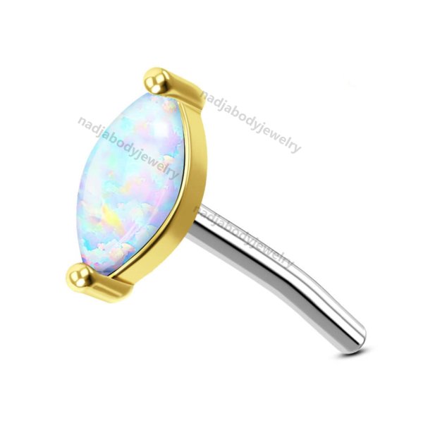 14K Solid Gold Threadless Marquise Opal Top Push Pin Labret Stud