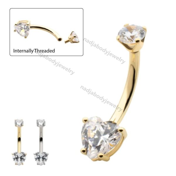 14Kt Gold Internally Threaded 4-Prong Round & Heart Clear CZ Fixed Bottom Navel