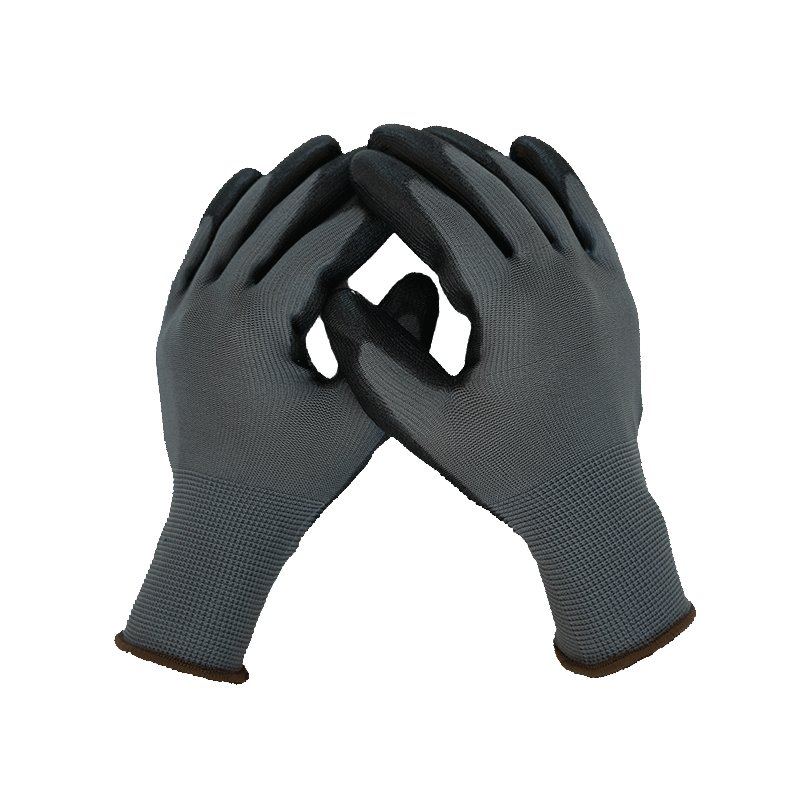 Polyester 13G with pu coating palm gray black work glove-329
